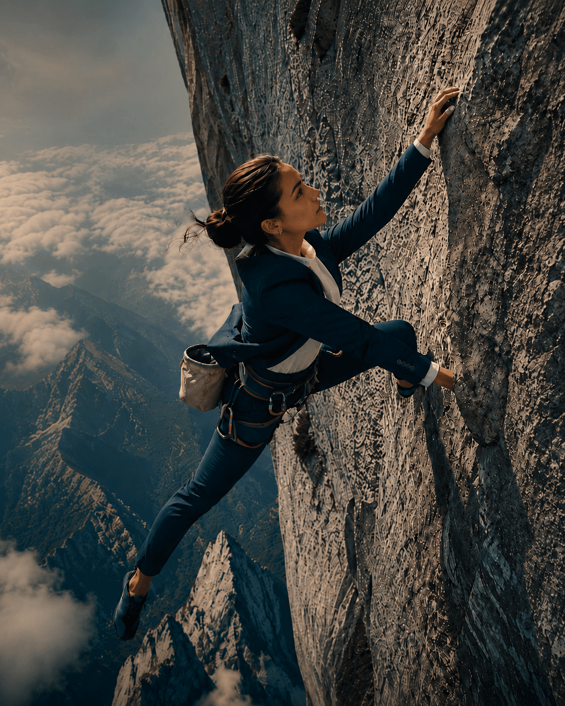 A product professional climbing a steep rock face before making a serious commitment