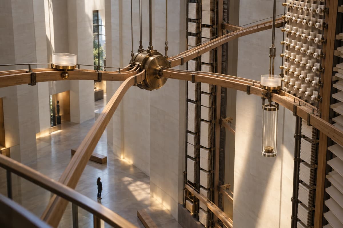 Suspended wooden tracks meet at a brass junction high above two figures in a monumental atrium.